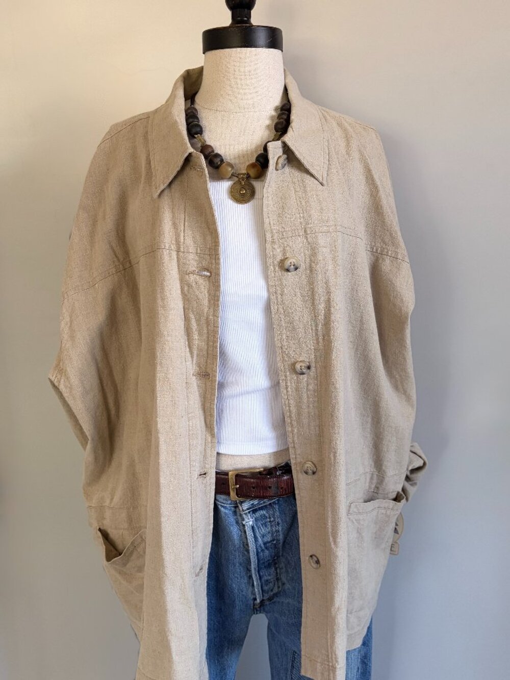 Vintage 1990s Cherokee Linen Cotton Chore Jacket XXL Neutral Button Up Deadstock